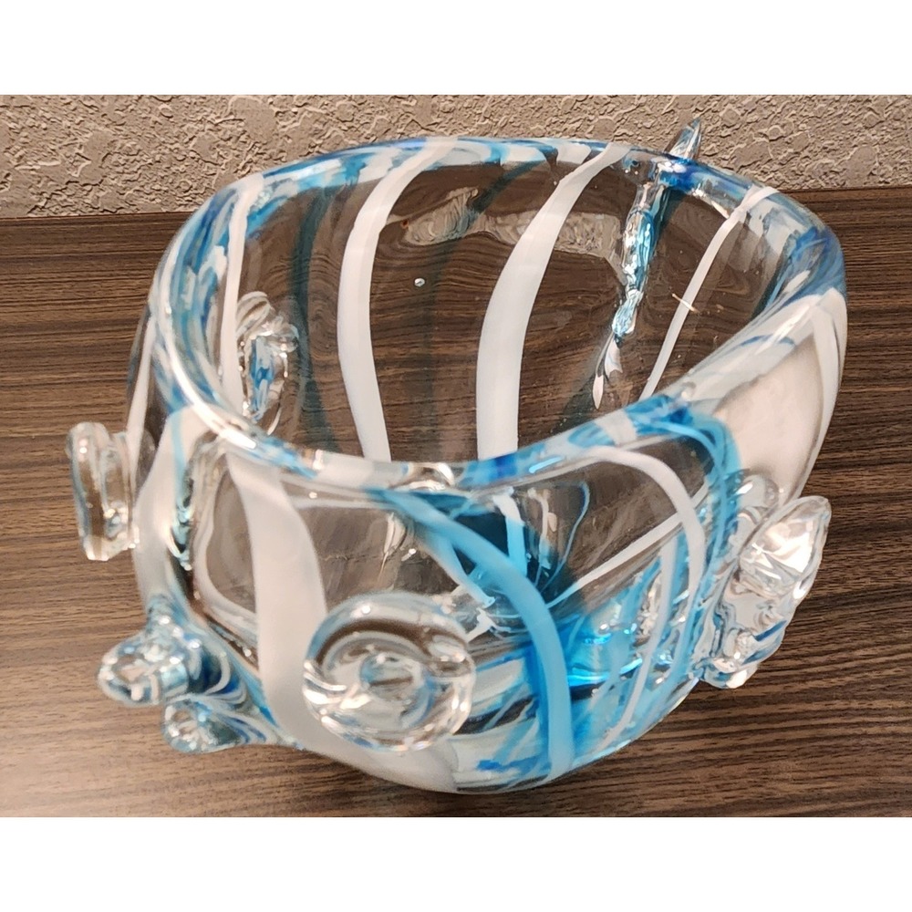 Vintage Blenko Style Glass Fish Bowl Hand Blown Heavy Turquoise White Art